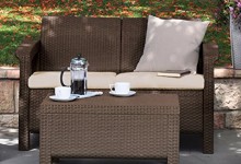 Keter Corfu Love Seat All Weather Outdoor Patio Garden Furniture w/ Cushions, Brown